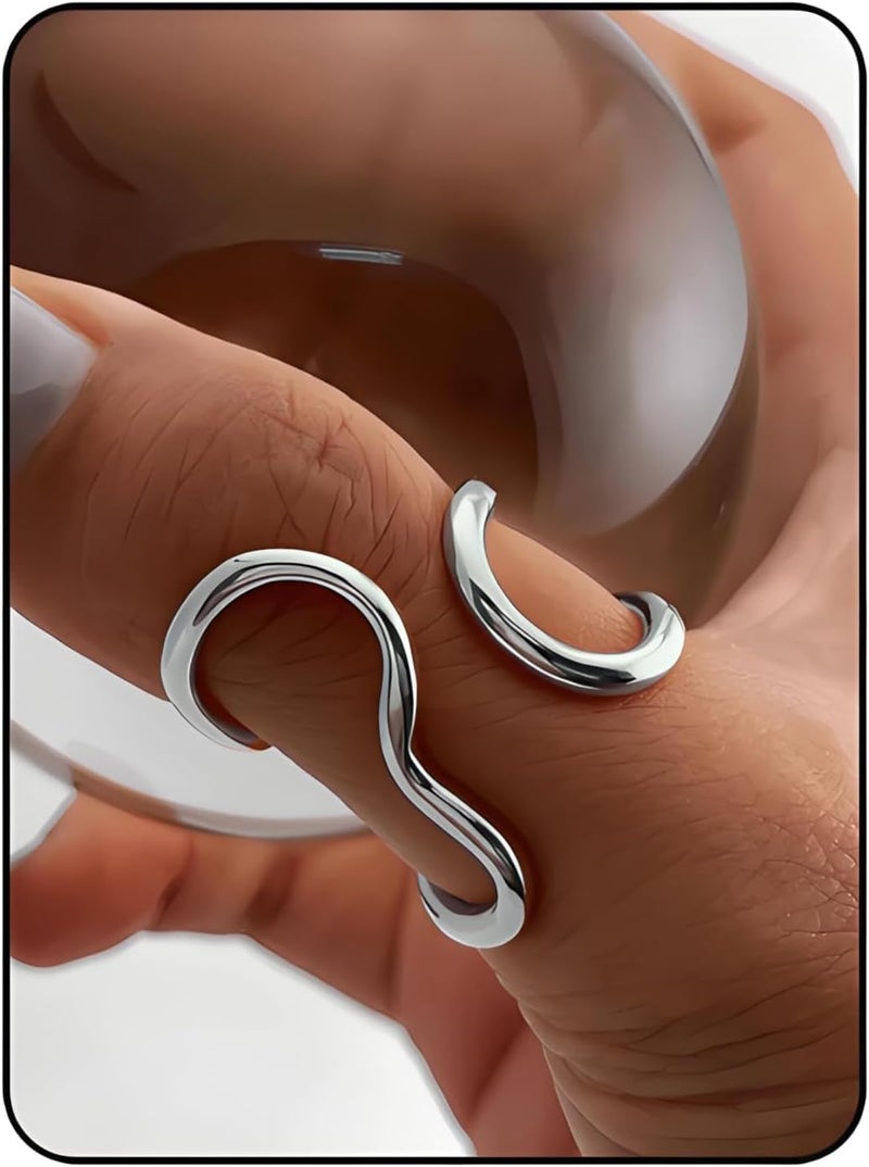 AiTURE Chunky Rings For Women, Gold Silver Thumb Ring Asymmetrical Wavy Curve Ring Adjustable Non Tarnish Dainty Stainless Steel New Year Anniversary Birthday Jewelry Gift - Image 1